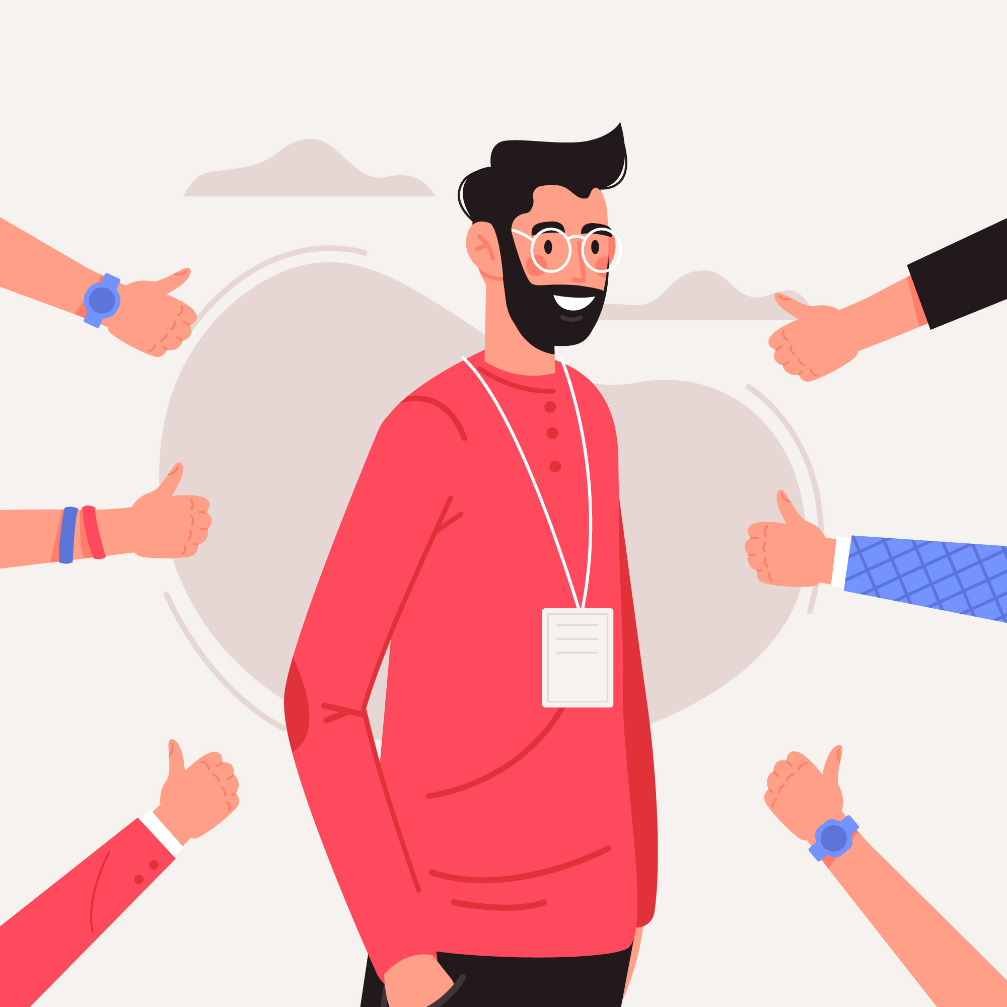 Un homme souriant entouré de signes d’approbation – EPM Assurances, courtier en ligne de confiance